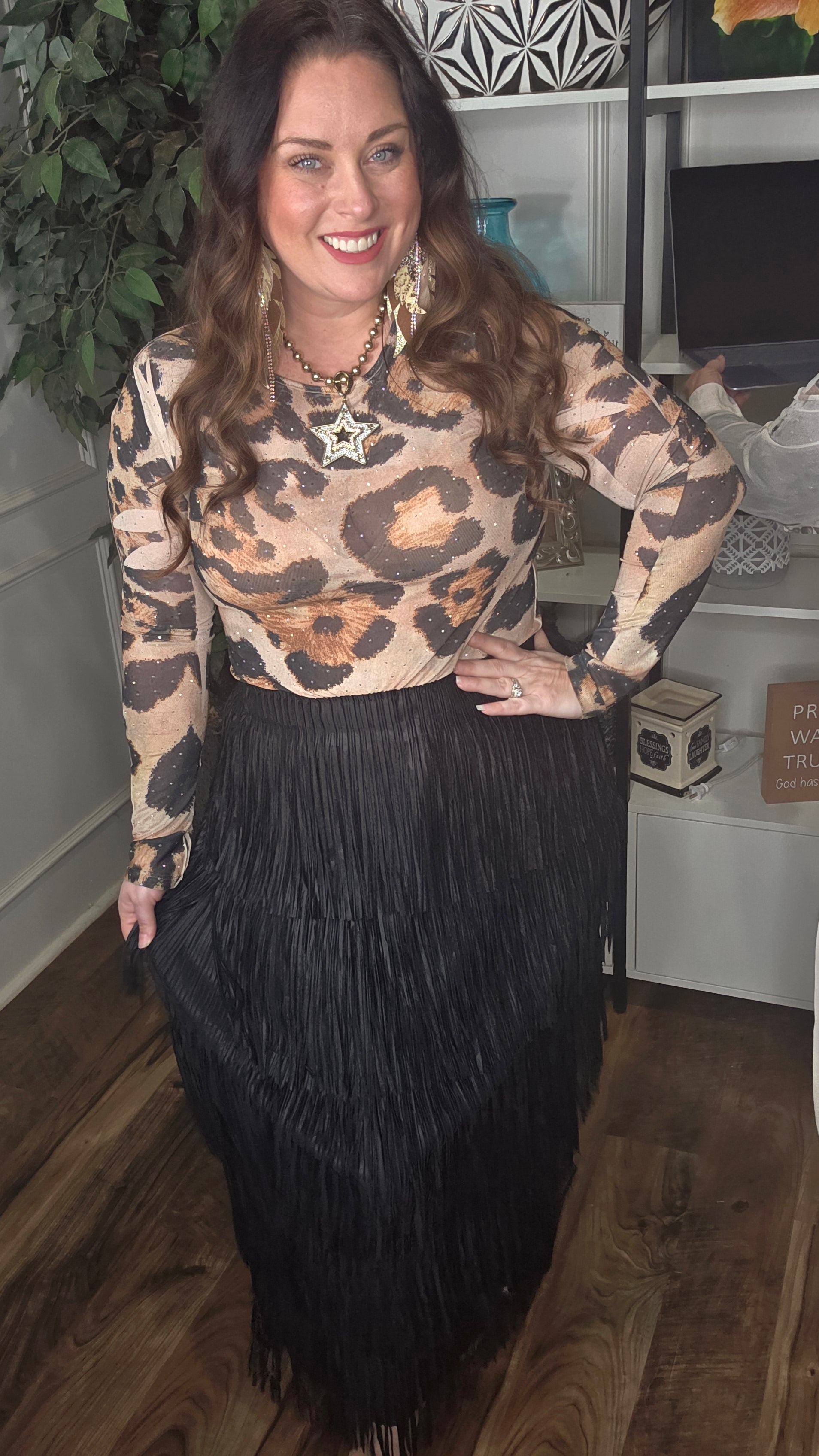 Origami - Leopard Embellished Mesh Top