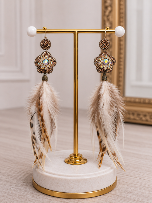 Boho Crystal Feather Statement Earrings